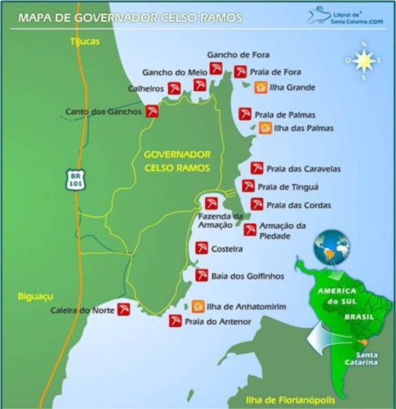 Mapa da península de Governador Celso Ramos, com suas praias e atrações. Nós demos a volta nela de carro, no sentido horário